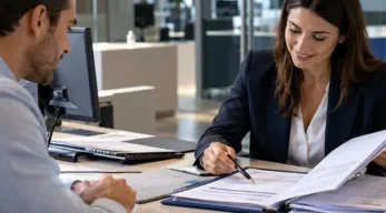 Conseillère examinant un dossier de prêt bancaire après externalisation du processus